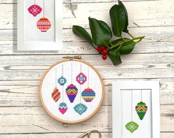 Christmas Baubles Hoop & Cards Cross Stitch Pattern Bundle: Instant Download PDF Chart
