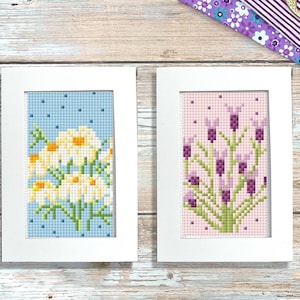Wilde Gänseblümchen und französischer Lavendel Kreuzstichkarten-Bundle: Sommerliche Blumenmotive - anfängerfreundliche Sofort-PDF-Karten-Download