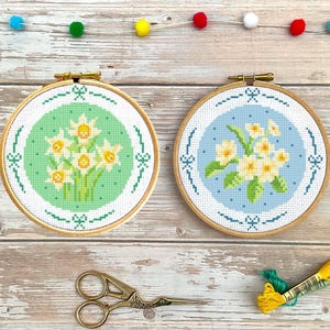 Wilde narcissen en wilde sleutelbloemen Bundel kruissteekpatroon: pdf-diagram direct downloaden