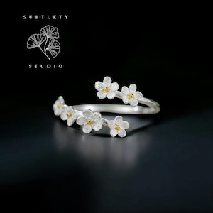 Verstelbare sterlingzilveren ring Bloemenring Natuursieraden Sierlijke bloemenring vergulde ring Vergeet-me-niet-bloemensieraden Unieke ring