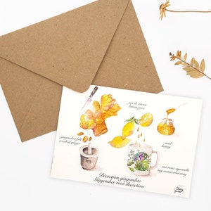 Cartes postale illustration recette décoction gingembre aquarelle, Carte bonne santé, Fête des Mères, Carte de voeux pour végétarien