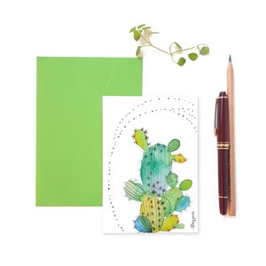 Green cactus watercolor illustrated postcard with envelope, Cute green cactus greetings card image 1