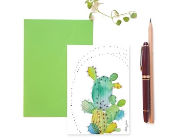 Carte postale illustration cactus aquarelle vert graphique, Carte d'anniversaire plante grasse