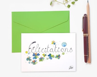 Carte Félicitations illustrée d'une aquarelle botanique florale pour un mariage ou une naissance