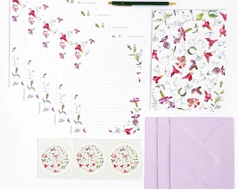Ensemble de papier à lettre fleur rose pastel avec enveloppes et autocollants aquarelle, Cadeau papeterie motif floral de printemps