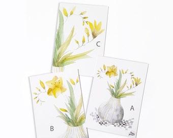 Carte postale nature morte aux freesias jaunes pastels, Illustration aquarelle, Carte de voeux, Carte d'anniversaire