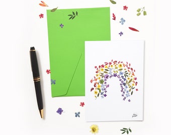 Carte postale arc en ciel impression fleurs séchées multicolores, Fête des Mères, Carte amitié, Carte faire part