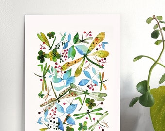 Affiche murale botanique libellule multicolore aquarelle format A4, Illustration Fête des Mères