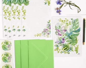 Ensemble papier à lettres plantes tropicales vertes illustration aquarelle avec enveloppe et autocollants