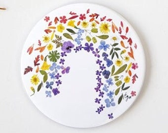 Miroir de poche illustré arc en ciel botanique fleur herbier multicolore
