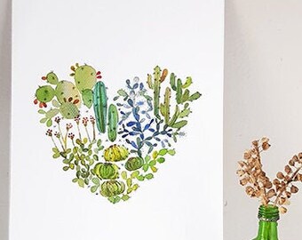 Affiche murale illustration coeur cactus plante grasse aquarelle A4