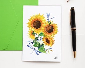 Carte postale tournesol et libellule aquarelle, Carte anniversaire fleur nature