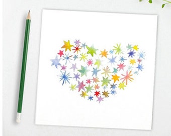 Large star pastel heart watercolor greetings notecard, Birthday or birth announcement card