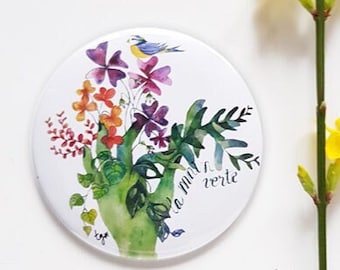 Botanical floral watercolor pocket mirror with Green thumb flower and plant illustration in multicolor tones