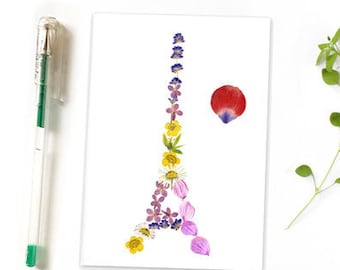 Botanical flower Eiffel Tower Paris card, Pressed flowers greetings card floral stationery