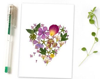 Botanical flower heart notecard with envelope greetings floral stationery