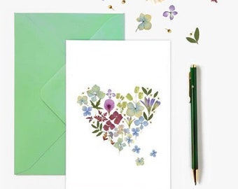 Romantic pressed flower heart note card with envelope, Floral greetings stationery