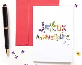 Carte Joyeux Anniversaire fleurs séchées herbier arc en ciel
