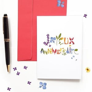 Happy Birthday pressed flowers notecard with rainbow colors, Cute floral greetings stationery