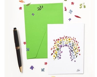 Pressed flower rainbow postcard printed with herbarium flowers, Friendship card, Gay wedding card