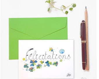 Congratulations botanical floral watercolor note card with envelope