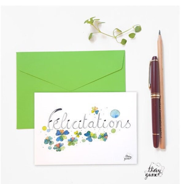 Carte Félicitations illustrée d'une aquarelle botanique florale pour un mariage ou une naissance