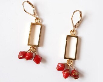 Gold rectangle charm dangle earrings and faceted beads glass top red vintage recycled