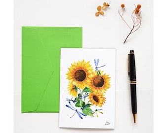 Sunflower and  dragonfly watercolor postcard, Cute floral birthday greetings card