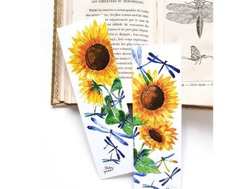 Sunflowers dragonflies watercolor bookmarks set, Colorful paper goods