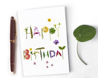 Happy Birthday botanical herbarium flower greetings card, Cute floral stationary