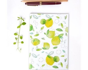 Lemon lime botanical watercolor notebook with lines A5, Cute birthday gift