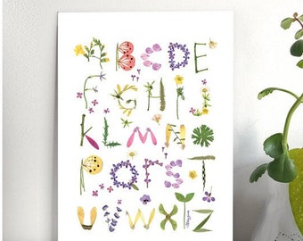 Illustration alphabet lettres botanique fleur herbier impression format A4, Décoration murale nature poétique