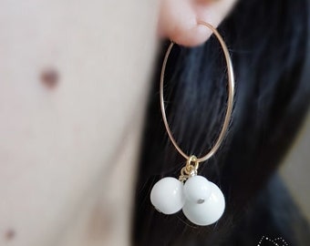 Gold filled hoop earrings dangle white glass pearls, Dainty wedding earrings