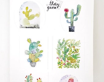 Planche de grandes étiquettes autocollantes cactus et plantes grasses colorés poétiques aquarelle