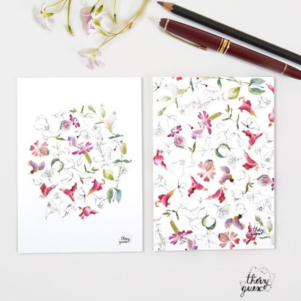 Ensemble de 2 cartes postales fleur botanique aquarelle aux tons pastels, Carte de voeux, Carte anniversaire