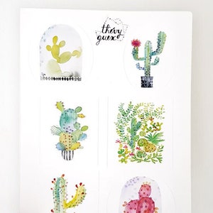 Planche de grandes étiquettes autocollantes cactus et plantes grasses colorés poétiques aquarelle