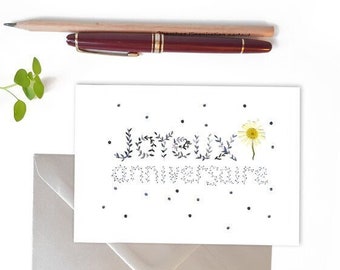 Botanical Happy Birthday black and white watercolor daisy flower dot notecard