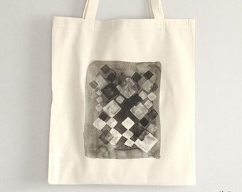 Tote bag sac coton unisexe motif abstrait géométrique losange noir et blanc aquarelle