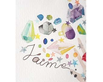 Original watercolor painting I love gems a poetic illustration of a multicolor heart shaped gemstones and minerals