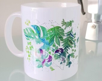 Tasse mug céramique illustration botanique monstera et jungle de plantes tropicales aquarelle