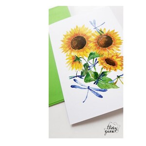 Sunflower and dragonfly watercolor postcard, Cute floral birthday greetings card image 2