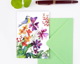 Carte postale botanique et mésange multicolore aquarelle, Carte florale fête et anniversaire