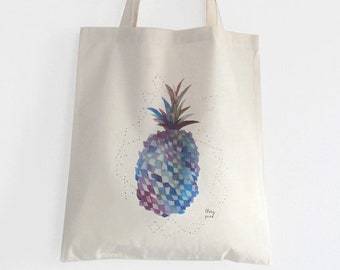Watercolor blue pineapple tote bag printed on organic cotton