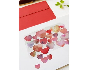 Romantic red and rose heart cluster watercolor note card with envelope