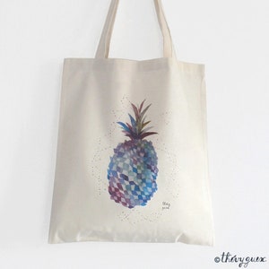 Watercolor blue pineapple tote bag printed on organic cotton image 1