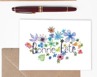 Carte de voeux Bonne Fête botanique fleur aquarelle, Création papeterie française