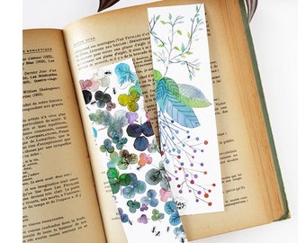 Set of two flower botanical watercolor paper bookmarks, Book lover gift, Reader gift for women