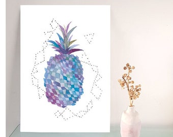 Illustration fruit d'ananas bleu géométrique aquarelle, Affiche décorative botanique cuisine