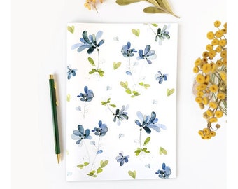 Blue flowers watercolor notebook with lines, Poetic floral journal, Gift for her