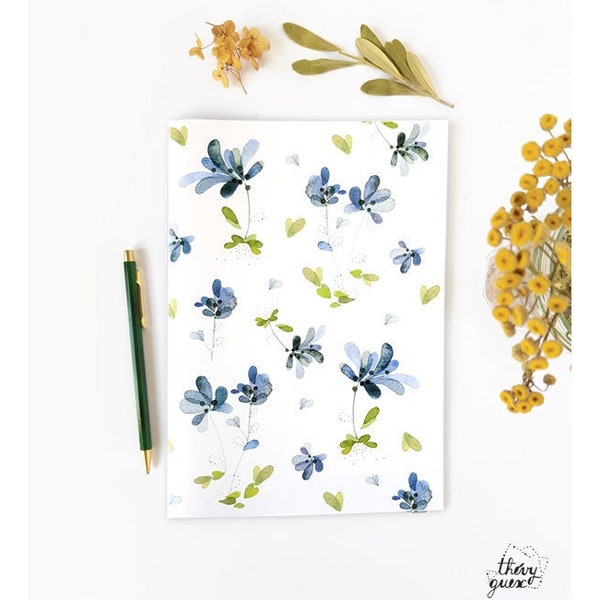 Carnet de notes ligné illustré de fleurs bleues aquarelle, Cadeau papeterie pour elle, Journal intime